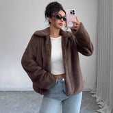 Gaovot Faux Fur Lapel Collar Button Front Long Sleeve Cropped Women Coat