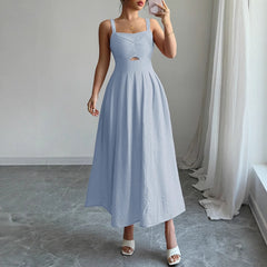 Gaovot Elegant Pink Stap Cutout Waist Flared Maxi Dress