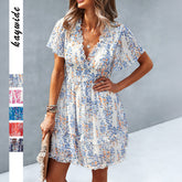 Gaovot Chiffon printed women's dress with deep V cut - sexy beach vacation dress for women