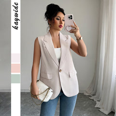Gaovot Beige Sleeveless Lapel Collar Single Button Blazer Vest for Daily Wear