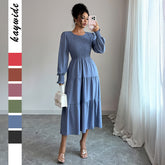 Gaovot Dusty Smocked Ruffle Cuff Tiered Midi Dress for Daily Wear