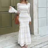 Gaovot Elegant White Lace Long Sleeve Tiered Maxi Dress