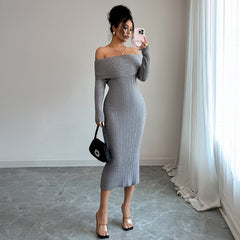 Gaovot Off Shoulder Long Sleeve Ribbed Knit Bodycon Midi Dress for Daily Wear