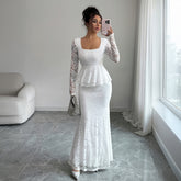 Gaovot Lace Square Neck Long Sleeve Peplum Mermaid Maxi Dress