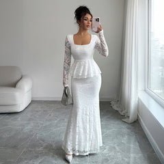 Gaovot Lace Square Neck Long Sleeve Peplum Mermaid Maxi Dress