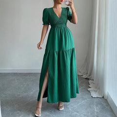 Gaovot V Neck Puff Sleeve Smocked Waist Tiered Maxi Dress with Side Slit