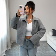 Gaovot Casual Grey Funnel Neck Zip Up Long Sleeve Cropped Jacket