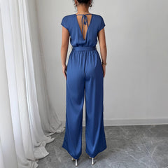 Gaovot V Neck Short Sleeve Tie Waist Satin Wide Leg Jumpsuit