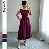 Gaovot Summer elegant solid color cinched waist ankle-length dress pocket design tank dress