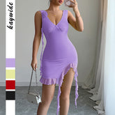 Gaovot Lavender Rose Applique Ruched Bodycon Mini Dress for Party