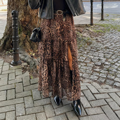 Gaovot European and American elegant leopard print cake-length dress midi skirt for women