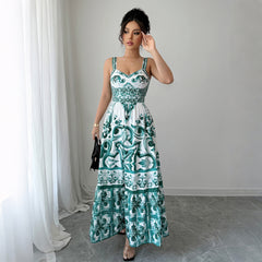 Gaovot Boho Porcelain Print Spaghetti Strap Women Maxi Dress for Beach