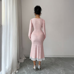 Gaovot Textured Sweetheart Neck Ruched Midi Dress with Lace Hem