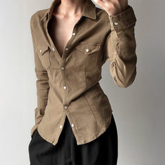 Gaovot European and American fashion simple solid-color long-sleeved blouse for women