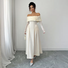 Gaovot Elegant Off-the-Shoulder White Evening Gown with Floral Embellishments