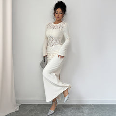 Gaovot White Contrast Lace Detail Long Sleeve Bodycon Maxi Dress for Evening