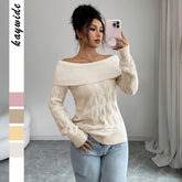 Gaovot Cozy Beige Off Shoulder Cable Knit Long Sleeve Sweater For Women