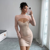 Gaovot Mesh Panel Long Sleeve Sequin Bodycon Mini Dress for Party & Night Out