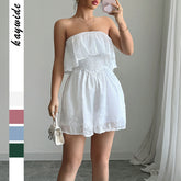 Gaovot Strapless Ruffle Trim Smocked Waist Embroidered Romper for Beach
