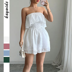 Gaovot Strapless Ruffle Trim Smocked Waist Embroidered Romper for Beach
