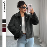 Gaovot Faux Fur Lapel Collar Button Front Long Sleeve Cropped Jacket for Daily Wear