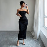 Gaovot Rhinestone Strapless Crop Top & Maxi Skirt Two Piece Outfit for Party