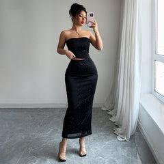 Gaovot Rhinestone Strapless Crop Top & Maxi Skirt Two Piece Outfit for Party