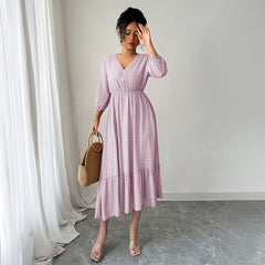 Gaovot Rust V Neck 3/4 Sleeve Button Front Flared Midi Dress