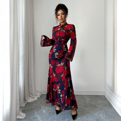 Gaovot Floral Print High Neck Long Sleeve Tie Detail Flared Women Maxi Dress