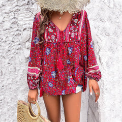 Gaovot Bomichia Beach Style Printed Contrasting Color Loose V-Neck Shirt for Women