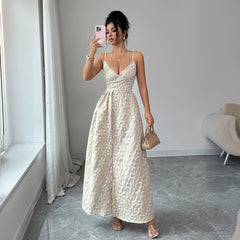 Gaovot Elegant Beige Textured Spaghetti Strap Flared Maxi Dress