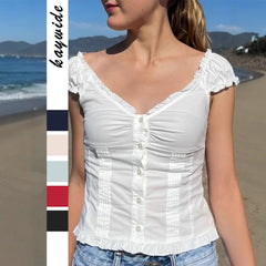 Gaovot European women's fashion Y2K ruffled V-neck T-shirt, women's slim-fit cardigan, BM tank top blouse