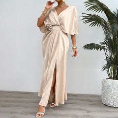 Gaovot Spring/Summer Women's Dress - Elegant and Intimate V-neck Batwing Sleeve Dress with Flowered Slits - Sexy Streetwear Dress for Women