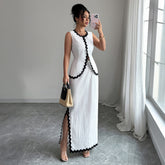Gaovot White Contrast Scallop Trim Sleeveless Crop Top & High Waist Side Slit Maxi Skirt Set for Evening