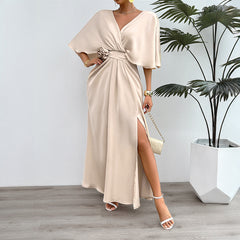 Gaovot Spring/Summer Women's Dress - Elegant and Intimate V-neck Batwing Sleeve Dress with Flowered Slits - Sexy Streetwear Dress for Women