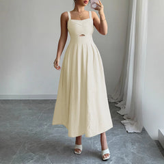 Gaovot Elegant Pink Stap Cutout Waist Flared Maxi Dress