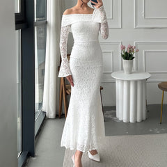 Gaovot Elegant style lace long-sleeved plunging-sleeve sexy long dress dress for women