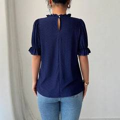 Gaovot Ruffle Neck Puff Sleeve Swiss Dot Blouse for Daily Wear