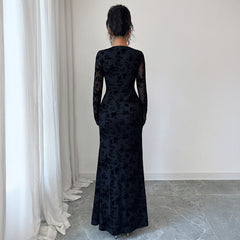 Gaovot Velvet Flocked Long Sleeve V Neck High Slit Bodycon Maxi Dress for Evening