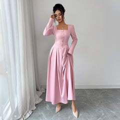 Gaovot Pink Square Neck Long Sleeve A-Line Maxi Dress for Formal Occasions