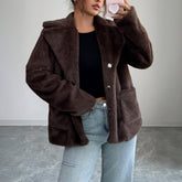 Gaovot Faux Fur Lapel Collar Button Front Pocket Detail Long Sleeve Mid-length Coat