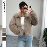 Gaovot Taupe Faux Fur Lapel Collar Open Front Cropped Coat for Daily Wear