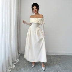 Gaovot Elegant Off-the-Shoulder White Evening Gown with Floral Embellishments