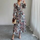 Gaovot Floral Print V Neck Tie Waist Chiffon Midi Dress for Vacation