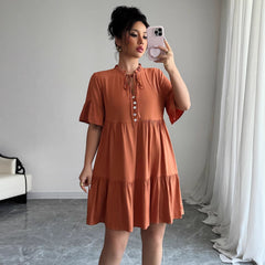 Gaovot Rust Tie Neck Short Sleeve Tiered Mini Dress for Casual Outings