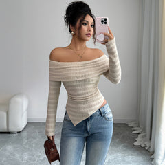 Gaovot Trendy Off Shoulder Asymmetrical Hem Ruched Knit Top