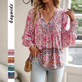 Gaovot Summer Bohemian Print Shirt for Women with Loose Long Sleeves and V-Neck - Spring Women's Dress
