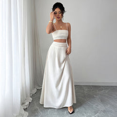 Gaovot Elegant White Cami Crop Top & High Waist Maxi Skirt Two Piece Set
