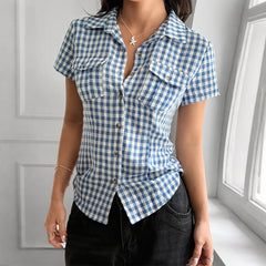 Gaovot European/American simple vacation checkered print short-sleeved blazer-style blouse for women