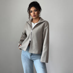 Gaovot Funnel Neck Zip Up Long Sleeve Cropped Women Jacket for Casual Outings